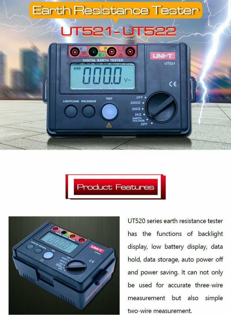 UT521 Digital Earth Tester, High-Precision Ground Resistance Meter with LCD Display