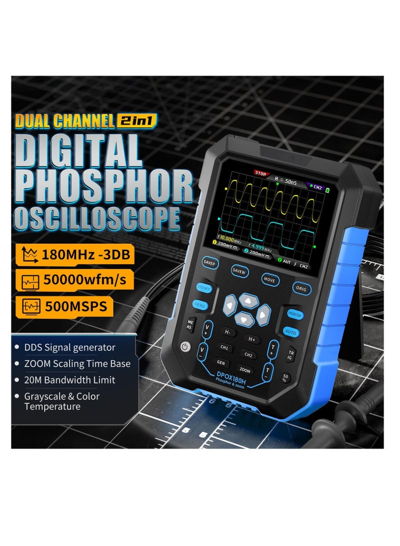 Digital Oscilloscope, DPOX180H 2 Channels Digital Phosphor Oscilloscope, 2 in 1 Handheld Oscilloscope, DDS Signal Generator, 180Mhz Bandwidth 500MSa/s Sampling Rate, for Automobile Maintenance