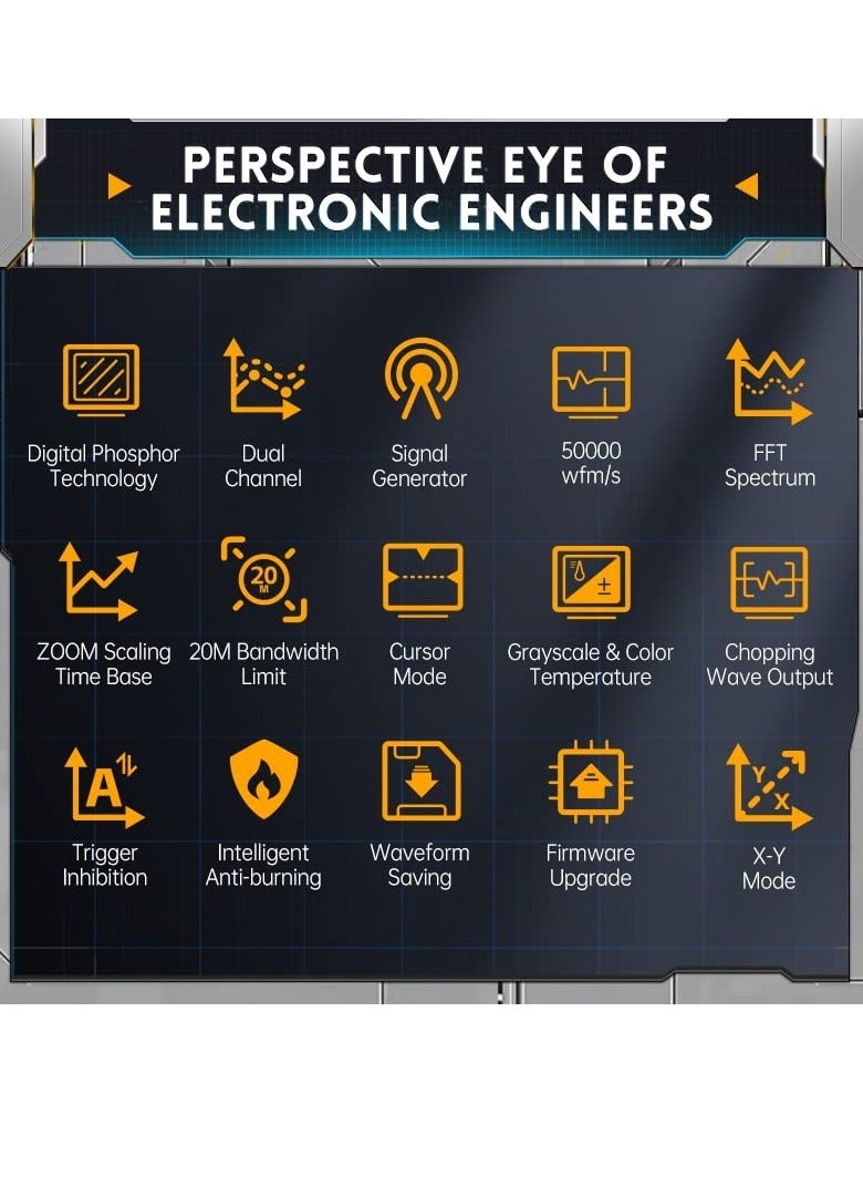 Digital Oscilloscope, DPOX180H 2 Channels Digital Phosphor Oscilloscope, 2 in 1 Handheld Oscilloscope, DDS Signal Generator, 180Mhz Bandwidth 500MSa/s Sampling Rate, for Automobile Maintenance