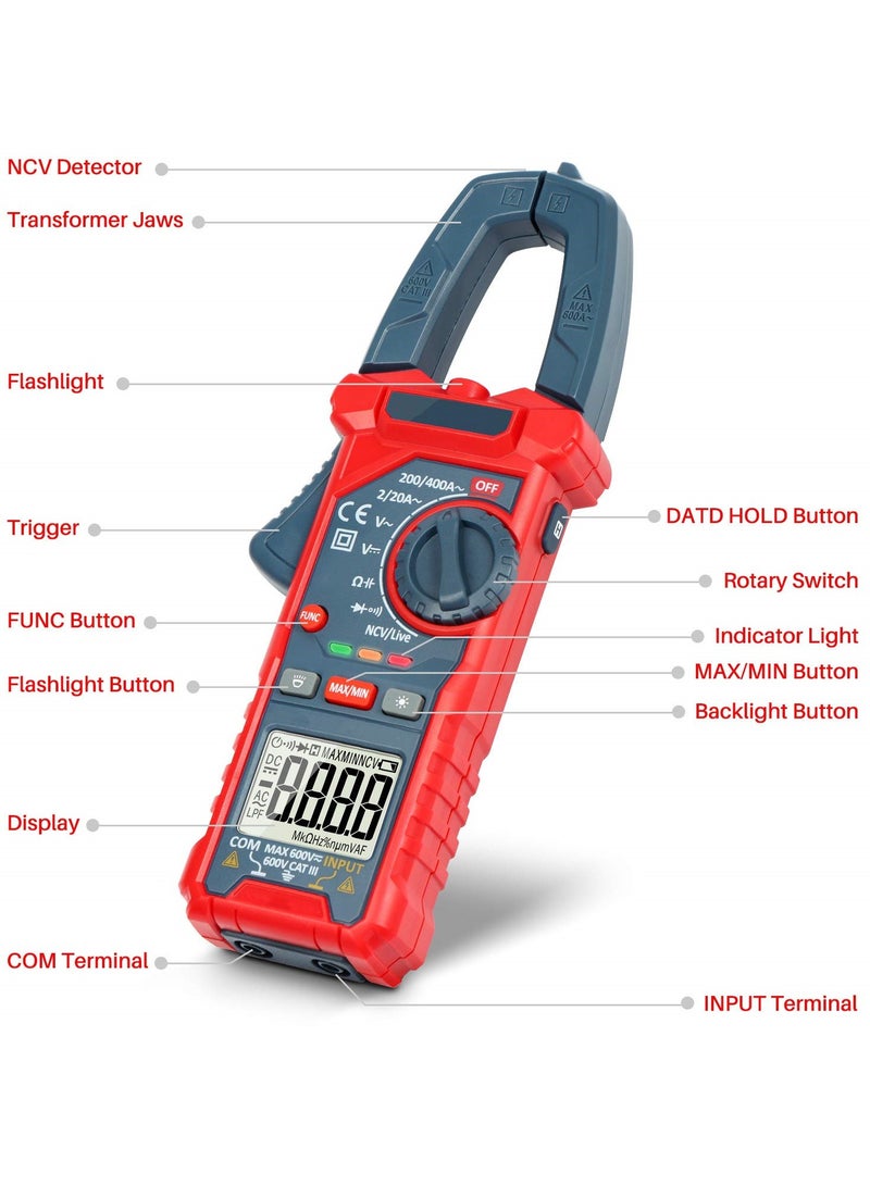 SYOSI Digital Clamp Meter, 2000 Counts Voltage Tester, Auto-ranging Clamp Meter for AC/DC Voltage, AC Current, Resistance, Capacitance, Continuity, Live Wire Test, Non-Contact Voltage Detection