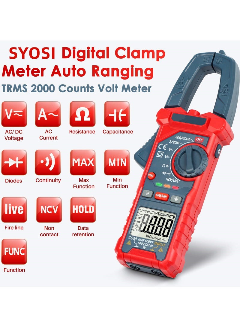 SYOSI Digital Clamp Meter, 2000 Counts Voltage Tester, Auto-ranging Clamp Meter for AC/DC Voltage, AC Current, Resistance, Capacitance, Continuity, Live Wire Test, Non-Contact Voltage Detection