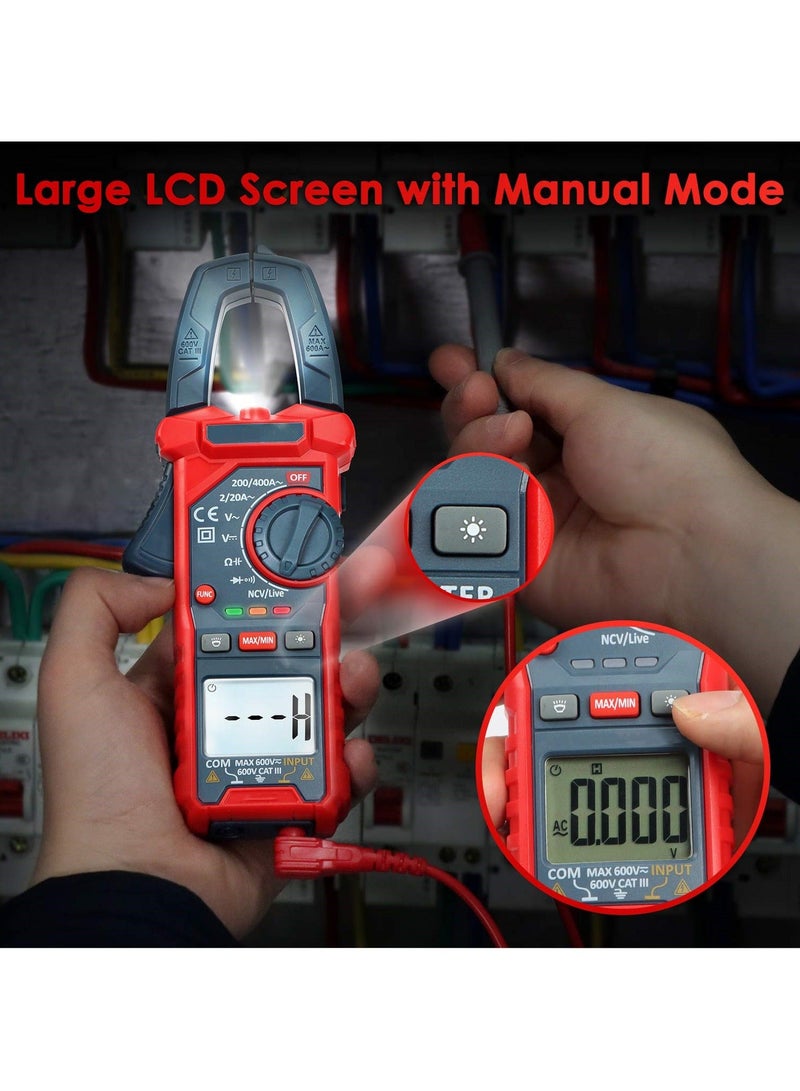 Digital Clamp Meter, 2000 Counts Voltage Tester, Auto-ranging Clamp Meter for AC/DC Voltage, AC Current, Resistance, Capacitance, Continuity, Live Wire Test, Non-Contact Voltage Detection