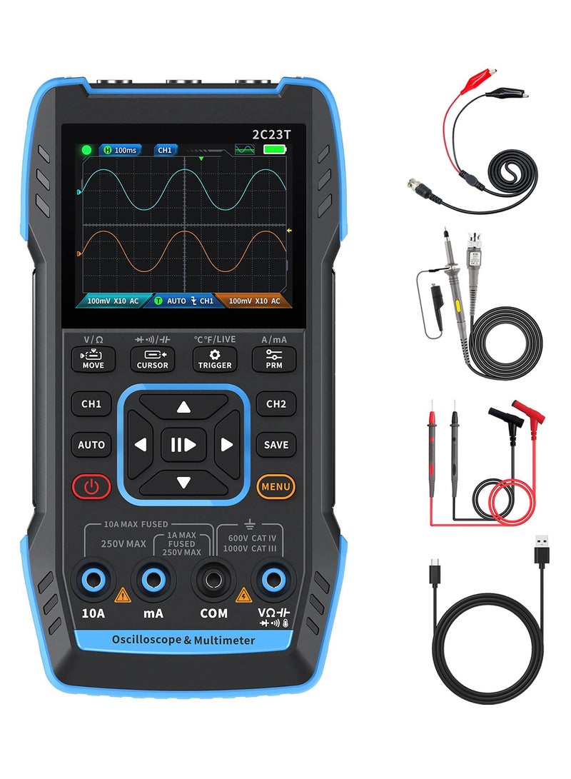 2C23T 3 in 1 Handheld Oscilloscope Multimeter DDS Generator, 2 Channels, 10MHz Bandwidth, 50MSa/s Sampling Rate, 10000 Counts, Voltage, Current, Capacitor, Resistor, Diode Test