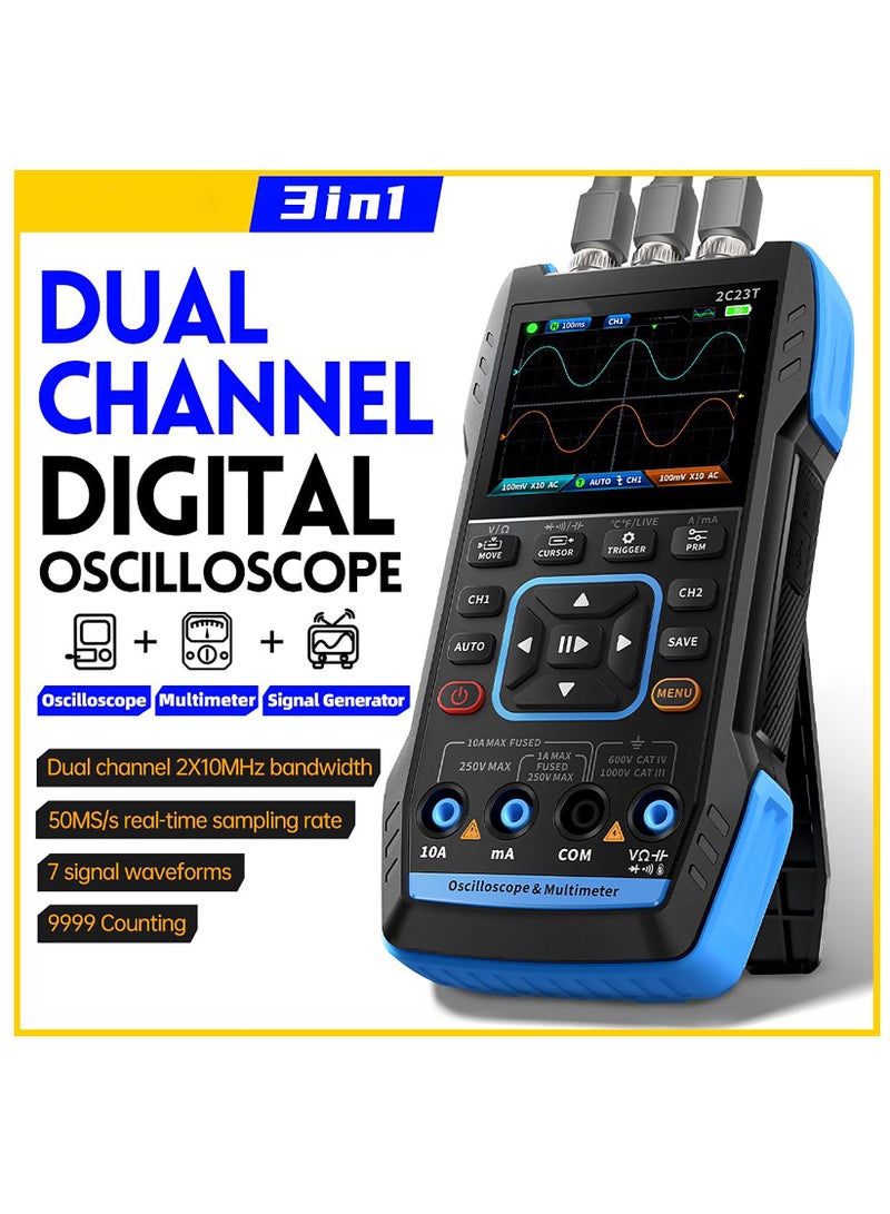 2C23T 3 in 1 Handheld Oscilloscope Multimeter DDS Generator, 2 Channels, 10MHz Bandwidth, 50MSa/s Sampling Rate, 10000 Counts, Voltage, Current, Capacitor, Resistor, Diode Test