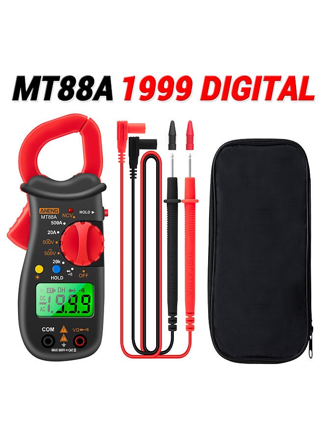 MT88A Clamp Meter Multimeter LCD Digital Universal Meter 1999 Counts Auto Range Handheld DC/AC Voltage Voltmeter 500A AC Current Ammeter Frequency Capacitance Tester Data Hold Green Backlit Screen