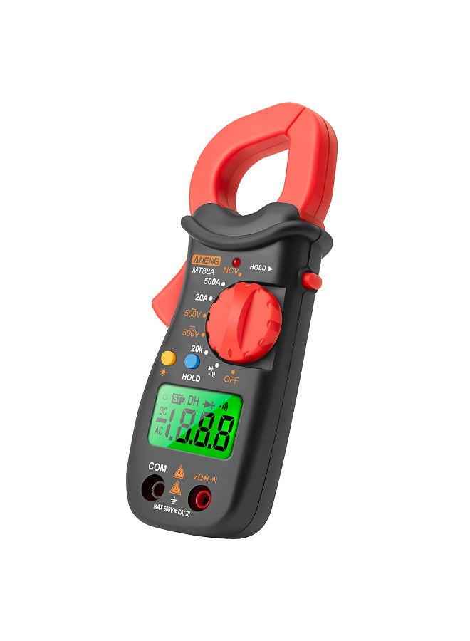 MT88A Clamp Meter Multimeter LCD Digital Universal Meter 1999 Counts Auto Range Handheld DC/AC Voltage Voltmeter 500A AC Current Ammeter Frequency Capacitance Tester Data Hold Green Backlit Screen