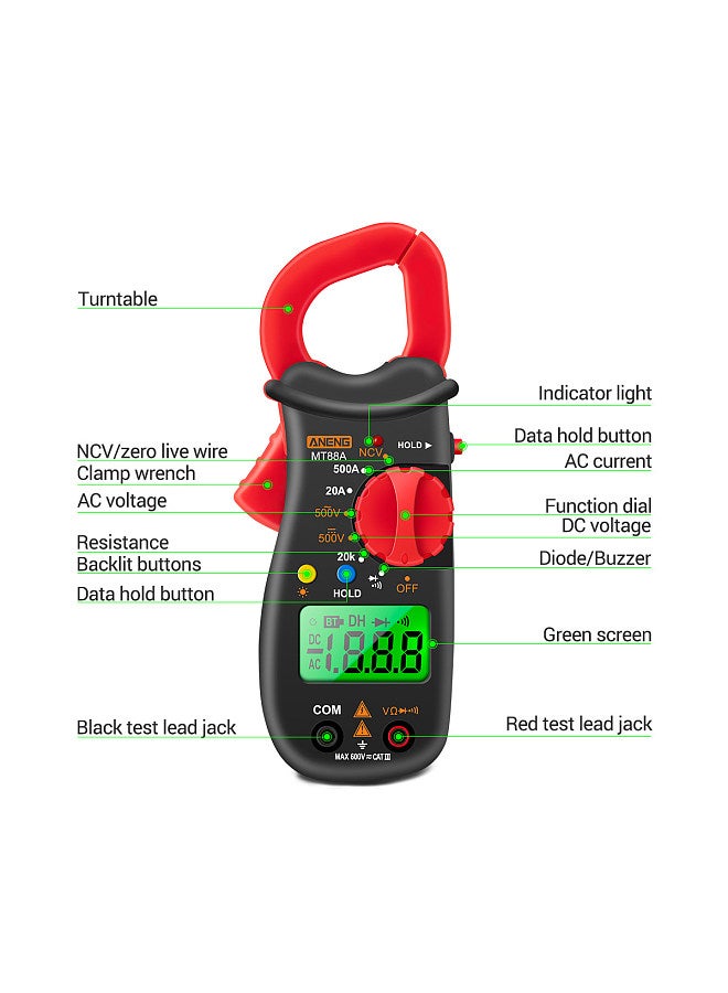 MT88A Clamp Meter Multimeter LCD Digital Universal Meter 1999 Counts Auto Range Handheld DC/AC Voltage Voltmeter 500A AC Current Ammeter Frequency Capacitance Tester Data Hold Green Backlit Screen