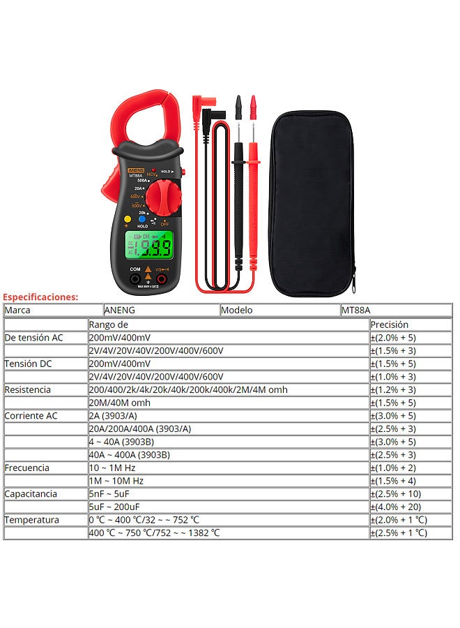 MT88A Clamp Meter Multimeter LCD Digital Universal Meter 1999 Counts Auto Range Handheld DC/AC Voltage Voltmeter 500A AC Current Ammeter Frequency Capacitance Tester Data Hold Green Backlit Screen