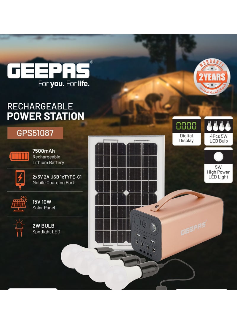 Geepas Rechargeable Power Station With 7500 mAh  Rechargeable Lithium Battery, 2X5V 2A USB,  1 X Type C1 Mobile Charging Port, 15V 10W Solar Panel, Spotlight LED, Aluminum Alloy Body, Digital Display