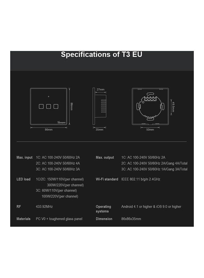 Wireless Smart Touch Switch Voice Control Compatible With Google Assistant Black