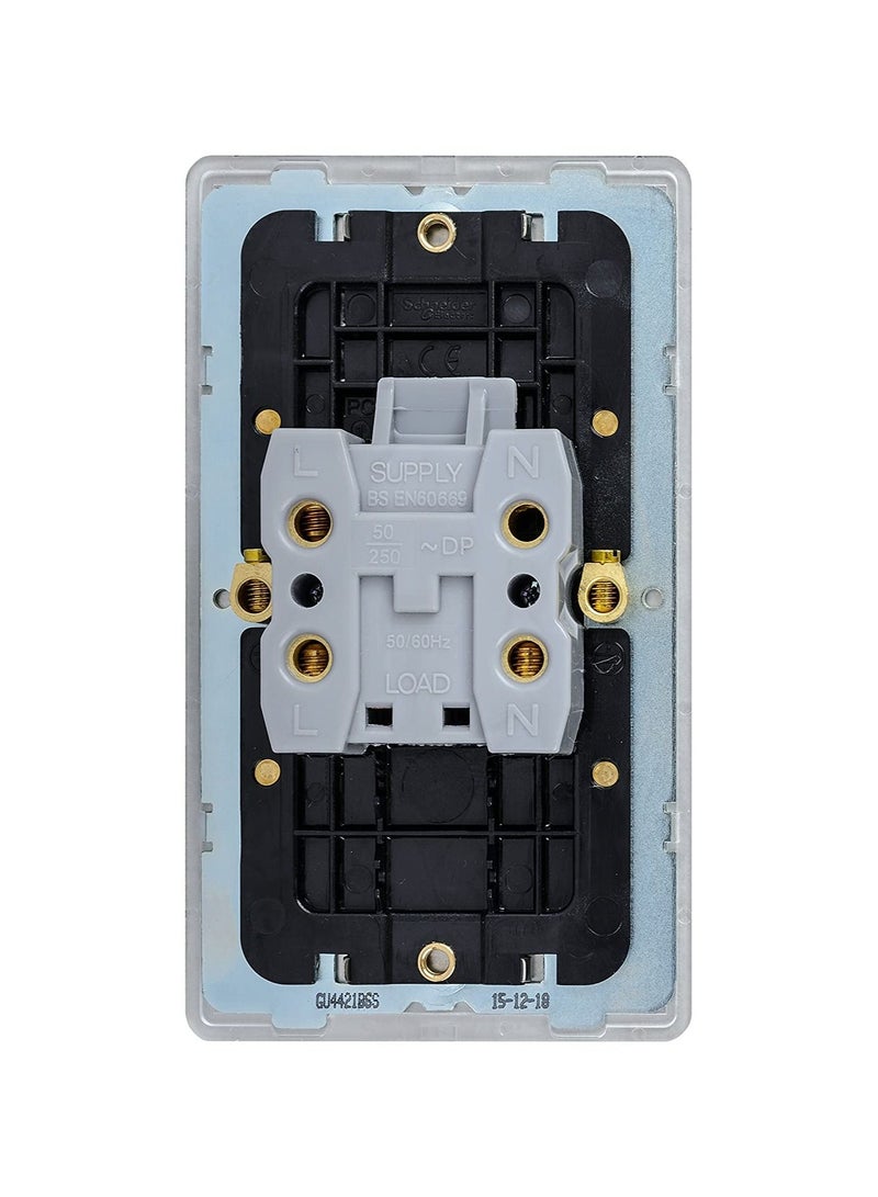 RACO Schneider Electric Ultimate Screwless Flat Plate Double Control Switch With Neon Indicator, Double Pole, 50AX, GU4421BSS, Stainless Steel With Black Insert
