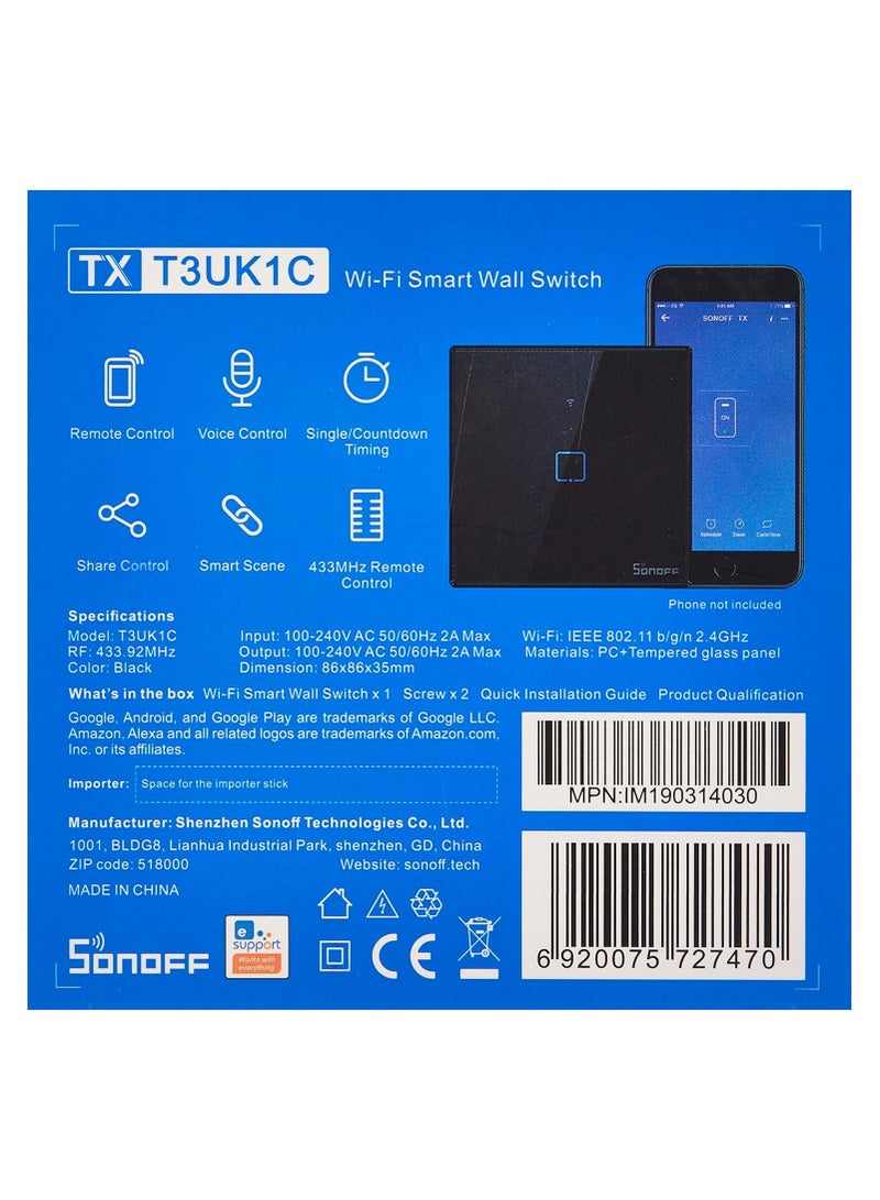 Sonoff TX T3UK1C-TX 86 1 Gang Way Smart WiFi Switch RF433 Remote Control for Alexa Google Home UK Plug - Black