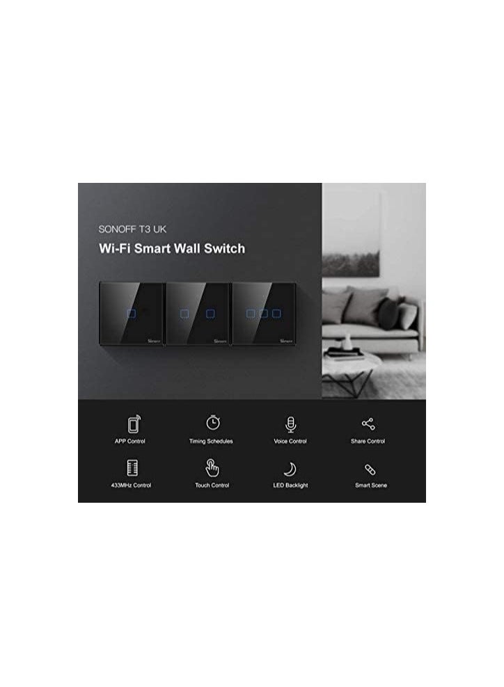 Sonoff TX T3UK1C-TX 86 1 Gang Way Smart WiFi Switch RF433 Remote Control for Alexa Google Home UK Plug - Black
