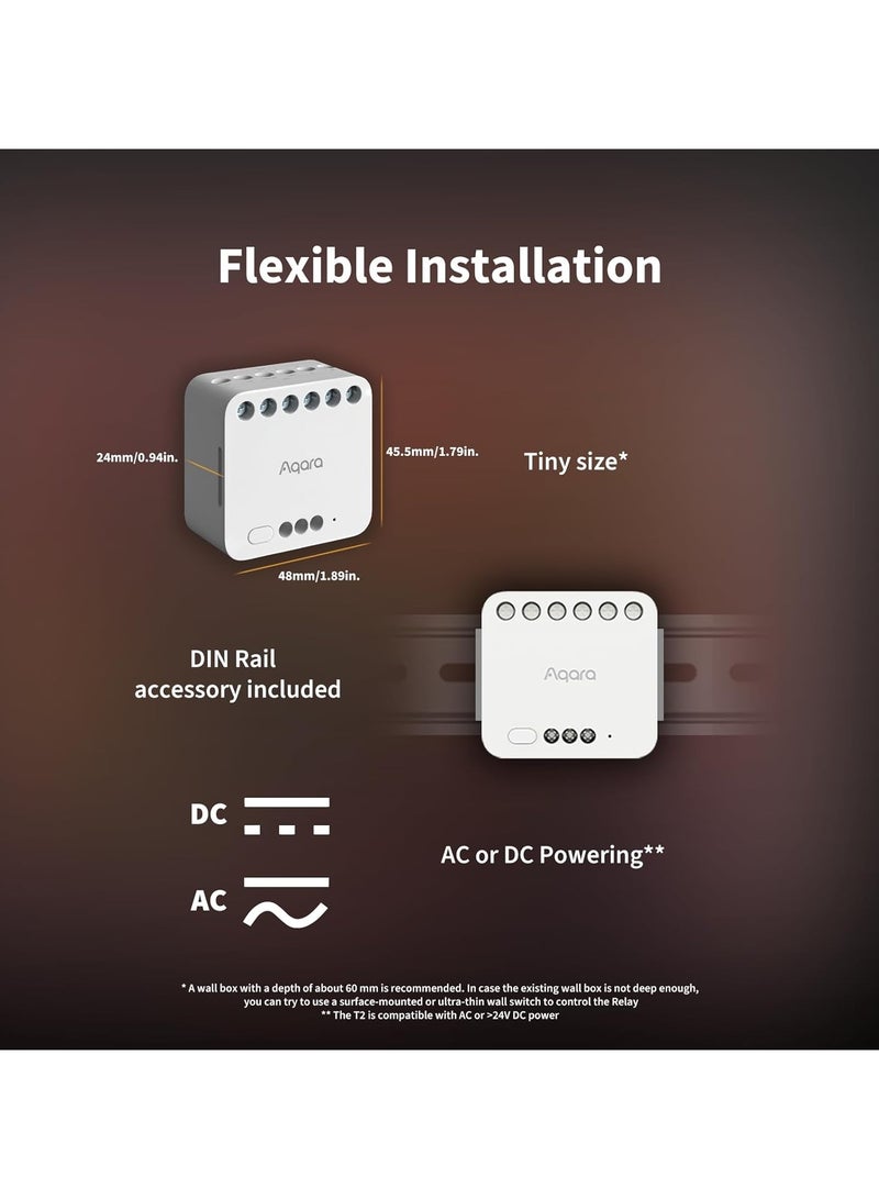 Dual Relay Module T2 with Matter,Requires Aqara Zigbee 3.0 Hub,Dry Contact Mode for Garage Doors and Boilers, Roller Shade Switch & Light Switch,Supports Homekit and Alexa