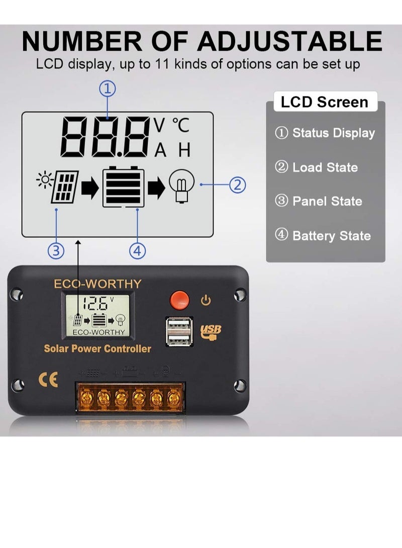 30A Solar Charger Controller, Solar Panel Battery Intelligent Regulator, with Dual USB Port Auto, PWM Positive Ground, LCD Display