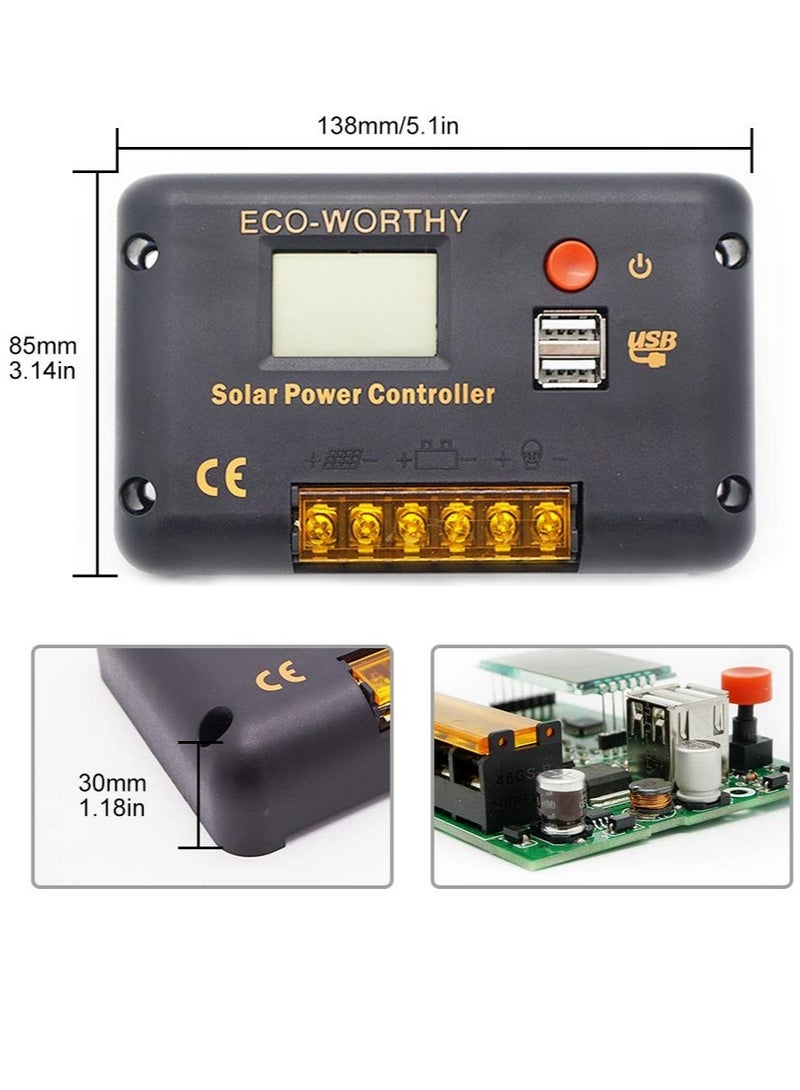 30A Solar Charger Controller, Solar Panel Battery Intelligent Regulator, with Dual USB Port Auto, PWM Positive Ground, LCD Display