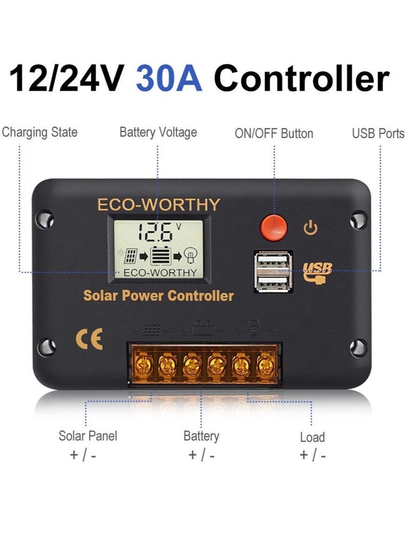 30A Solar Charger Controller, Solar Panel Battery Intelligent Regulator, with Dual USB Port Auto, PWM Positive Ground, LCD Display