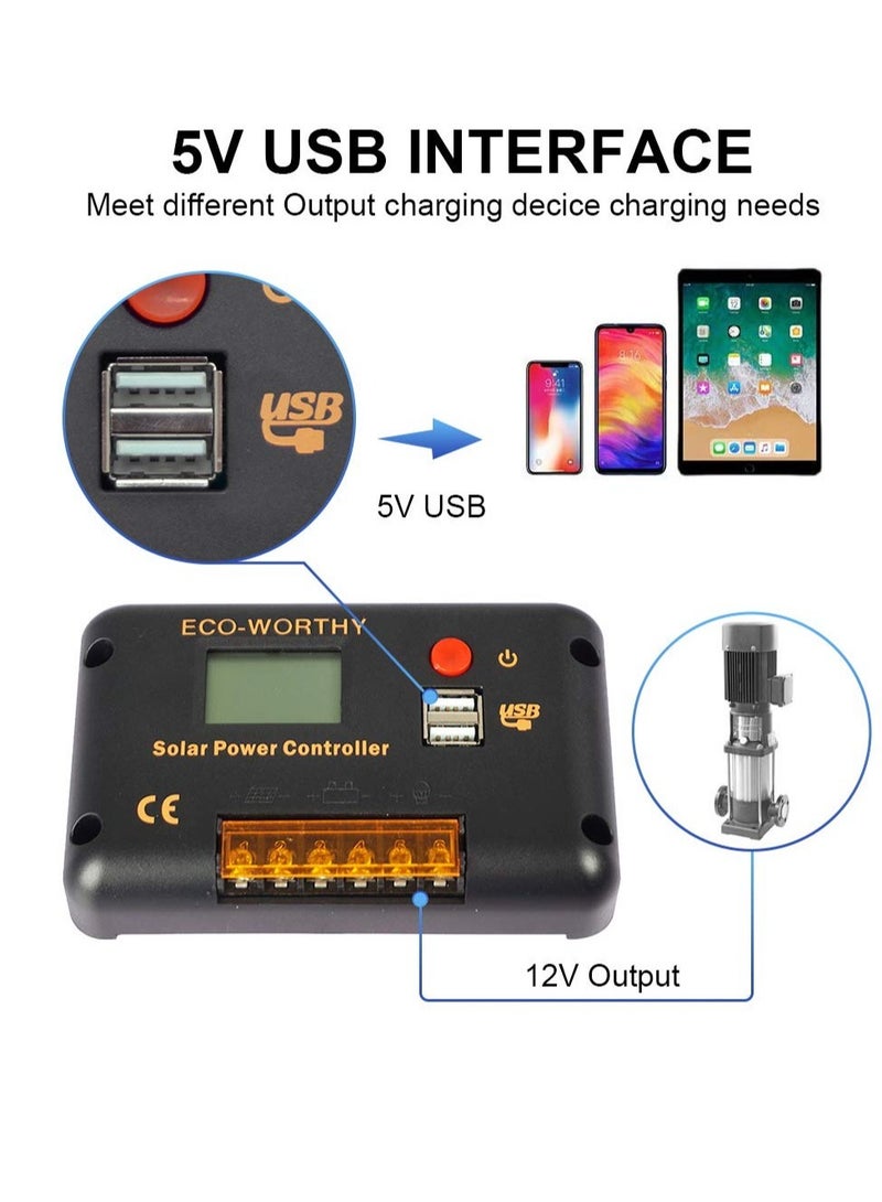 30A Solar Charger Controller, Solar Panel Battery Intelligent Regulator, with Dual USB Port Auto, PWM Positive Ground, LCD Display