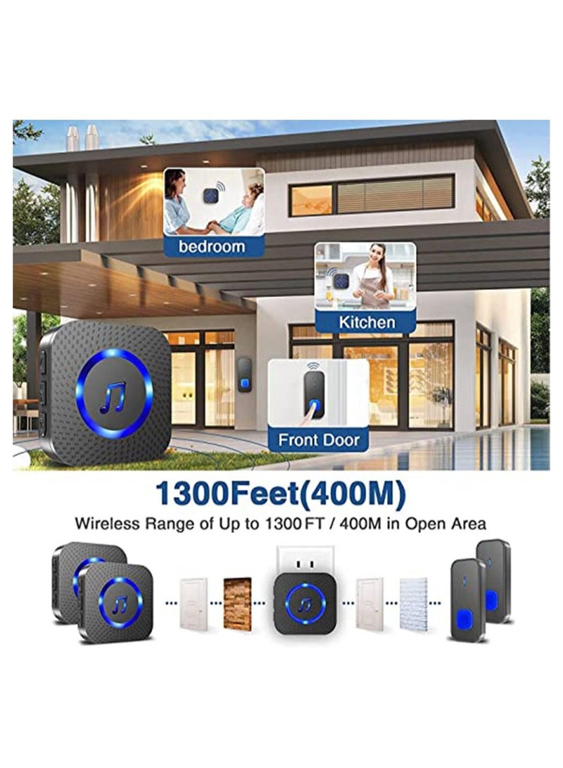 Wireless Doorbell, Waterproof Door Bell Battery Operated at 1,300 ft with 2 Plug in Receivers Kit 2 transmitter Remote Buttons, 55 Chimes 5 Volume with LED, Loud Enough for Home Classroom