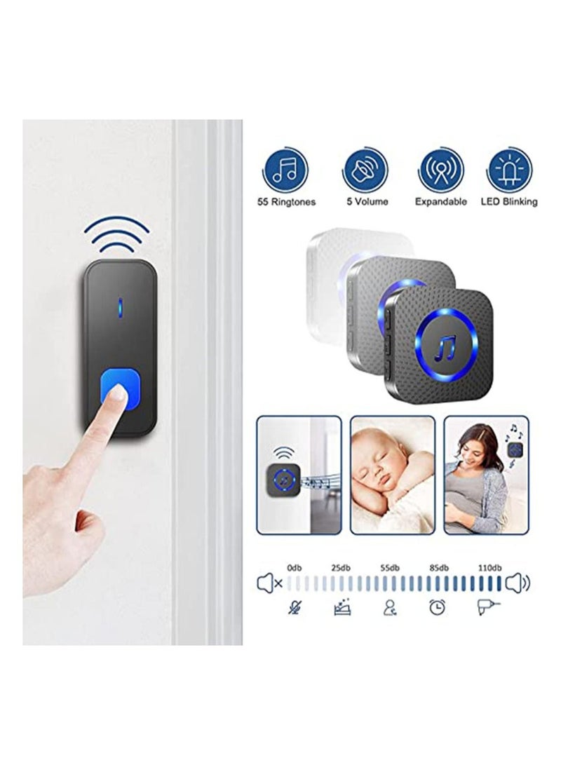 Wireless Doorbell, Waterproof Door Bell Battery Operated at 1,300 ft with 2 Plug in Receivers Kit 2 transmitter Remote Buttons, 55 Chimes 5 Volume with LED, Loud Enough for Home Classroom