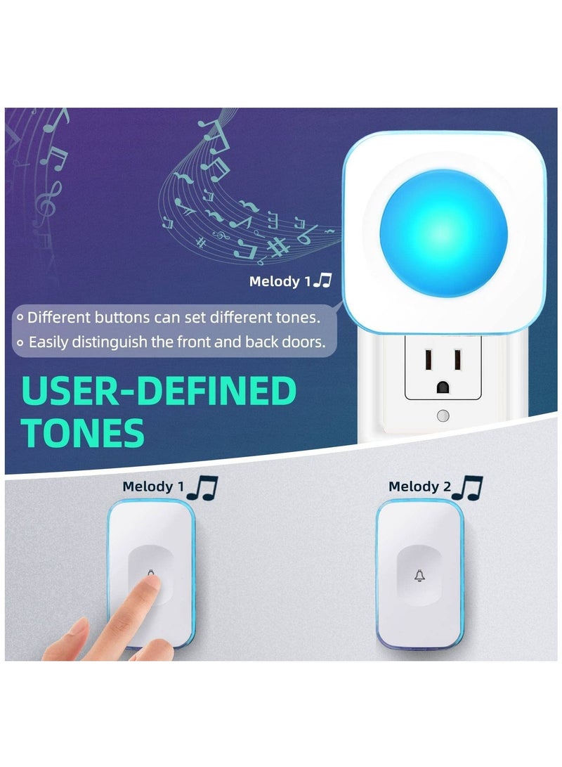 Wireless Doorbell Waterproof Doorbell with 2 buttons with different tones Flashing White