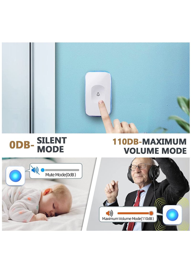 Wireless Doorbell Waterproof Doorbell with 2 buttons with different tones Flashing White