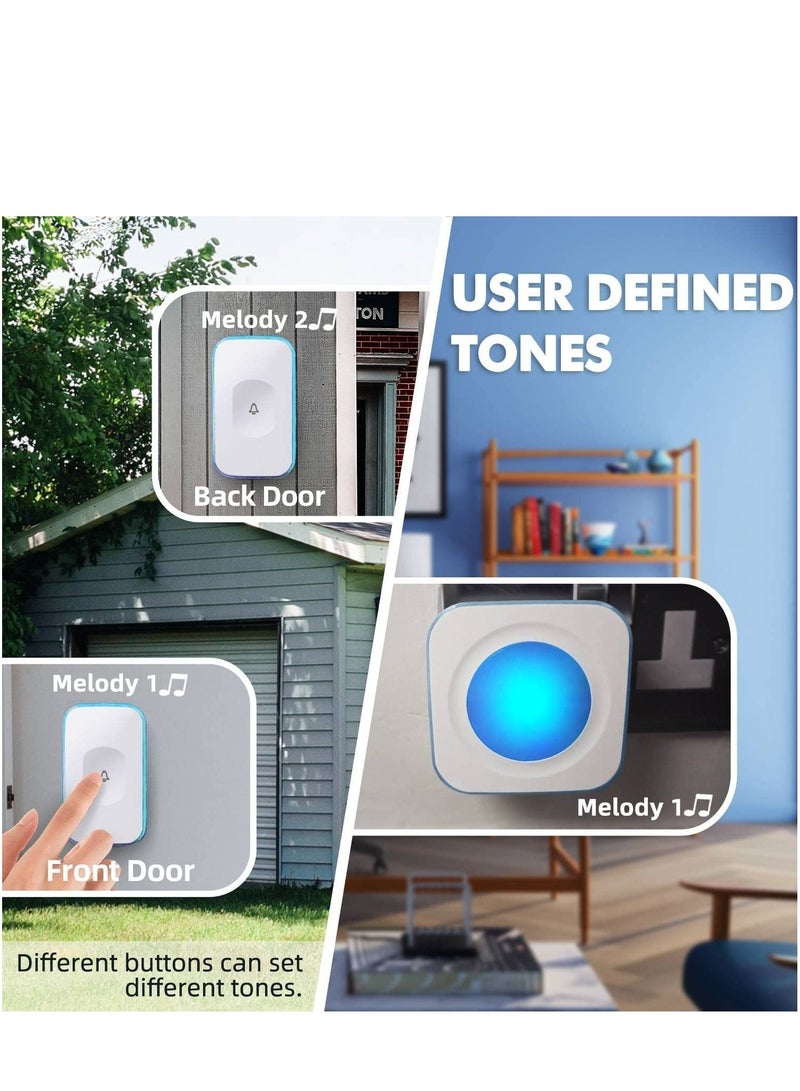 Wireless Doorbell Waterproof Doorbell with 2 buttons with different tones Flashing White