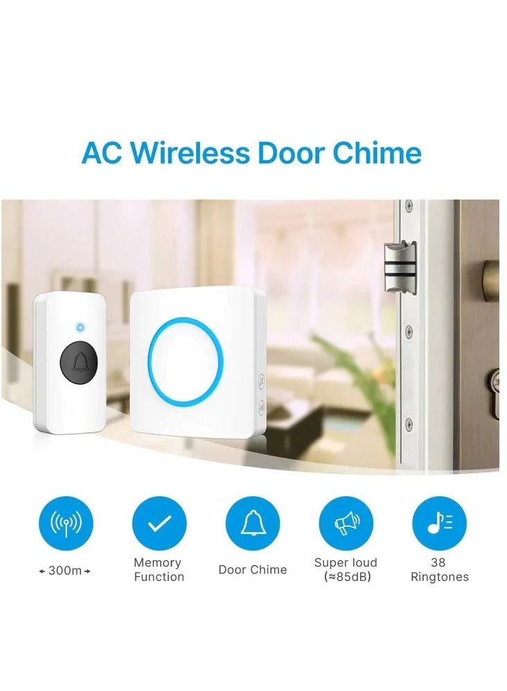 Wireless Doorbell Chime Kits 300M Waterproof Cordless Door Bell With Flashing LED