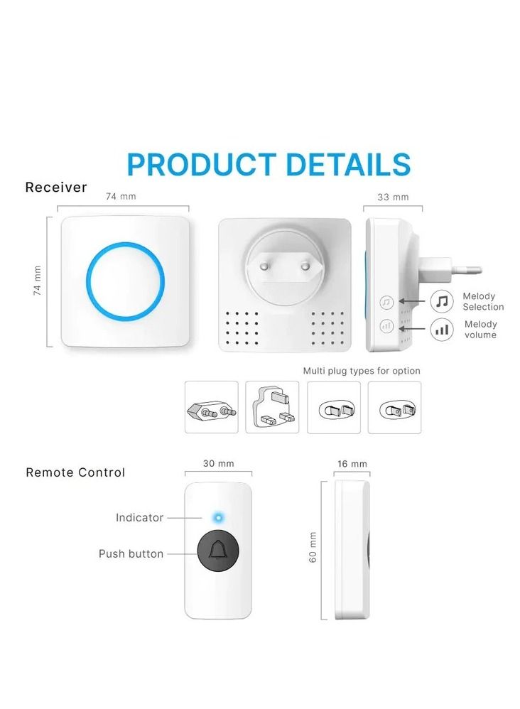 Wireless Doorbell Chime Kits 300M Waterproof Cordless Door Bell With Flashing LED