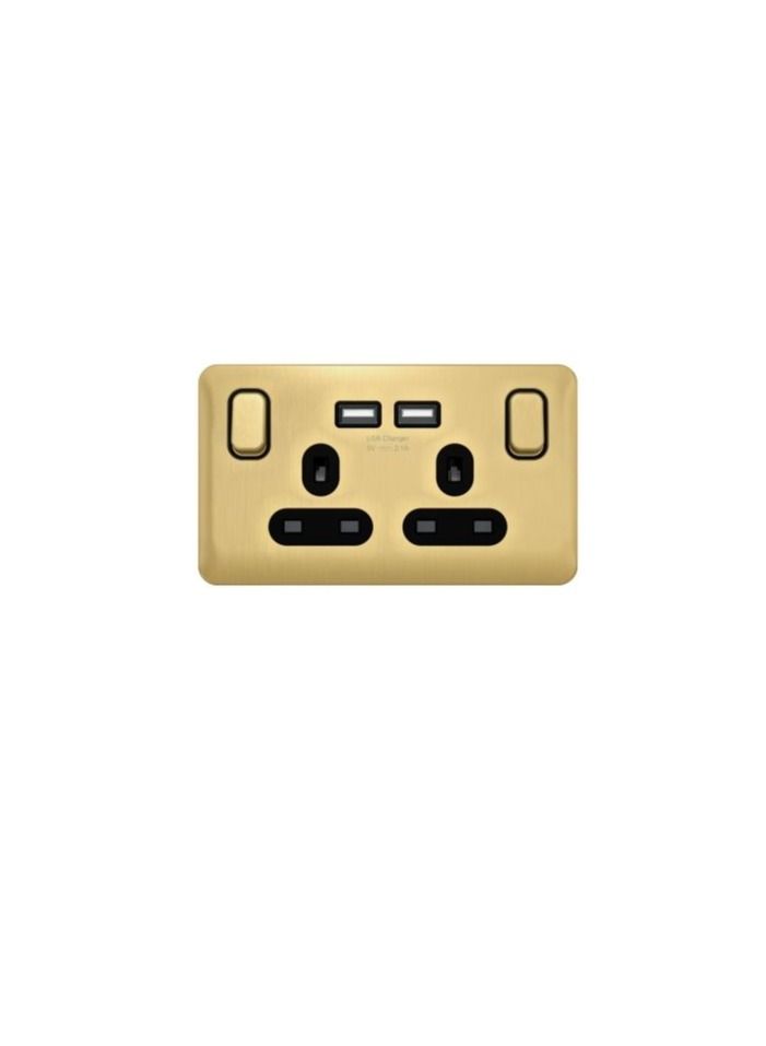 Schneider Electric GGBL30202USBABSBS Lisse - Switched Socket - 2 Gang - 13A with USB Charger Satin Brass with Black Interior