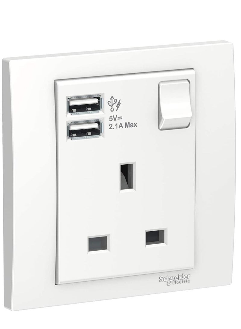 Schneider Electric KB15USB_WE Vivace White - Single 13A Socket combined 2 x USB ports 2.1 A