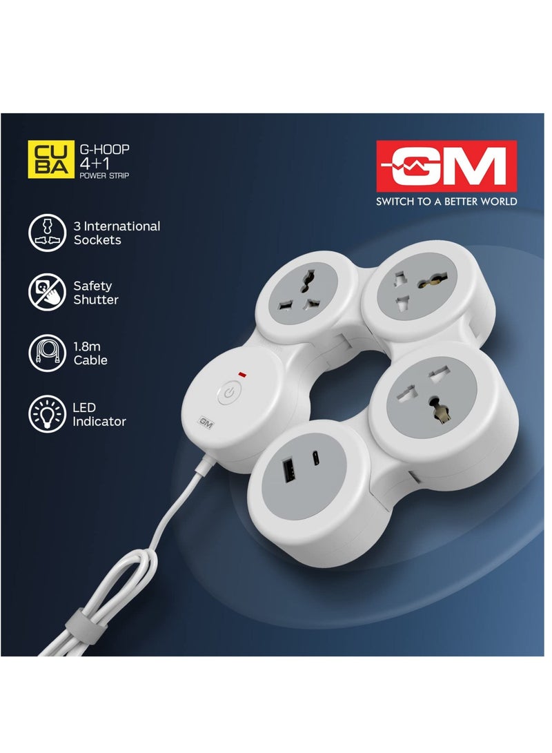 GM 4+1 G-Hoop Spike Guard with C & A Type USB-Master Switch,Indicator, Safety Shutter, 1.8 Mtr Wire with Overload Protection 3 International sockets & 2 USB Port 1 C Type 1 A Type 3.1A…