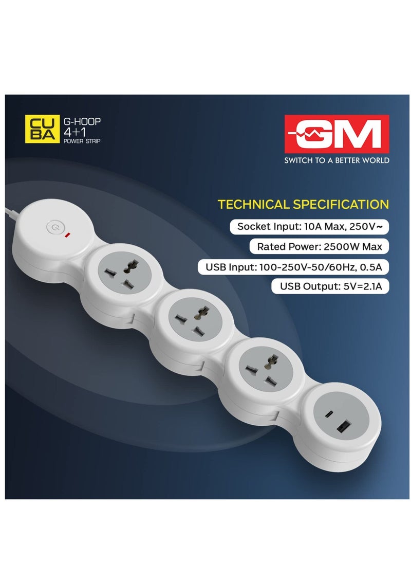 GM 4+1 G-Hoop Spike Guard with C & A Type USB-Master Switch,Indicator, Safety Shutter, 1.8 Mtr Wire with Overload Protection 3 International sockets & 2 USB Port 1 C Type 1 A Type 3.1A…
