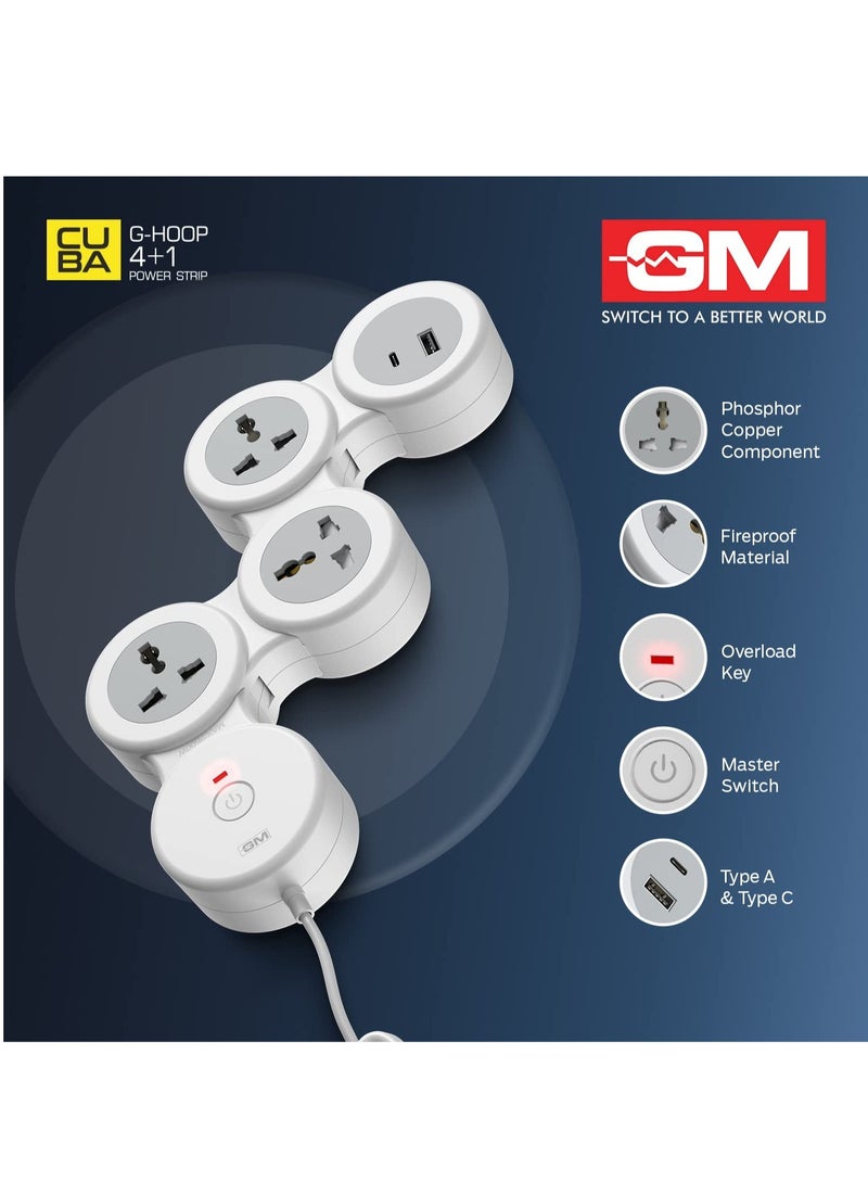 GM 4+1 G-Hoop Spike Guard with C & A Type USB-Master Switch,Indicator, Safety Shutter, 1.8 Mtr Wire with Overload Protection 3 International sockets & 2 USB Port 1 C Type 1 A Type 3.1A…