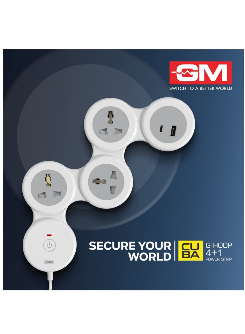 GM 4+1 G-Hoop Spike Guard with C & A Type USB-Master Switch,Indicator, Safety Shutter, 1.8 Mtr Wire with Overload Protection 3 International sockets & 2 USB Port 1 C Type 1 A Type 3.1A…