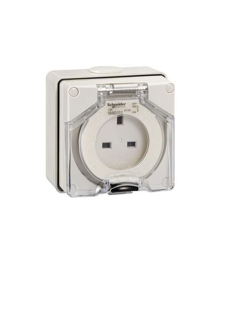 Schneider Surface Outlet 250V 13A 3 Flat IP66 Grey 56 Series 3 Pin Socket - 56S0313