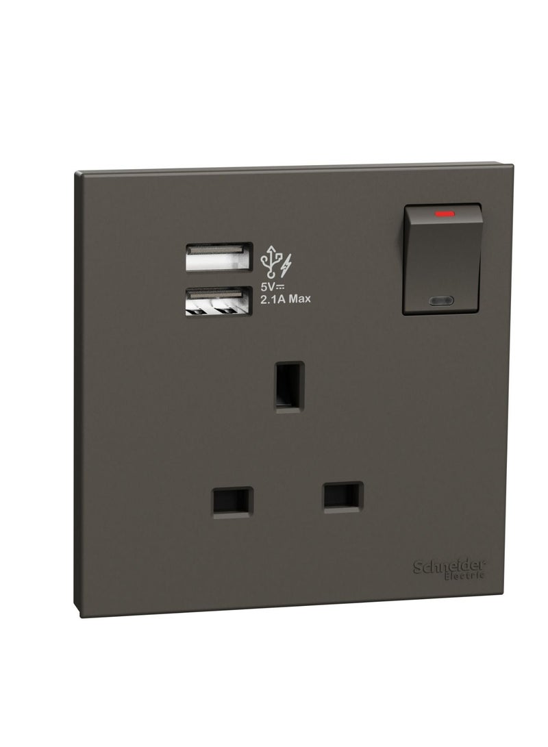 Schneider Electric Avataron C Switch Socket E8715USB_DG, 1 Gang, 13A Dark Grey 2.1A Two Port USB