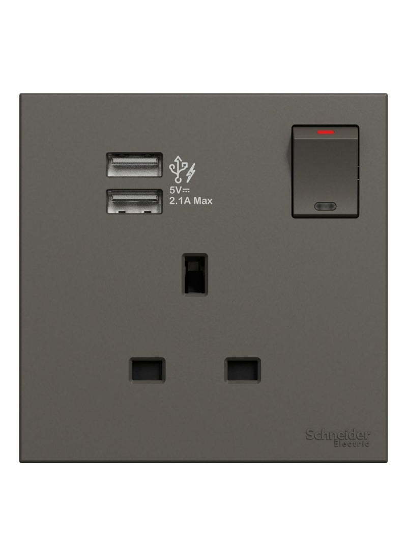 Schneider Electric Avataron C Switch Socket E8715USB_DG, 1 Gang, 13A Dark Grey 2.1A Two Port USB