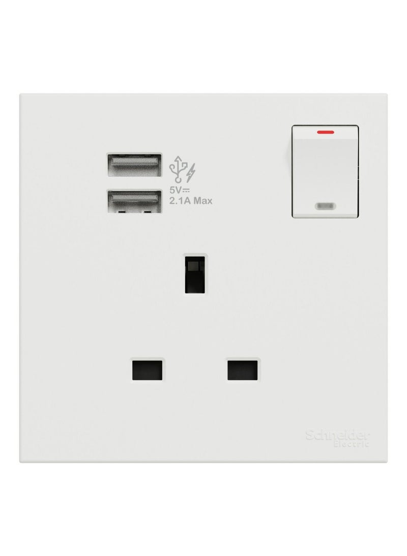 Schneider Electric Avataron C Switch Socket E8715USB_WE, 1 Gang, 13A White 2.1A Two Port USB