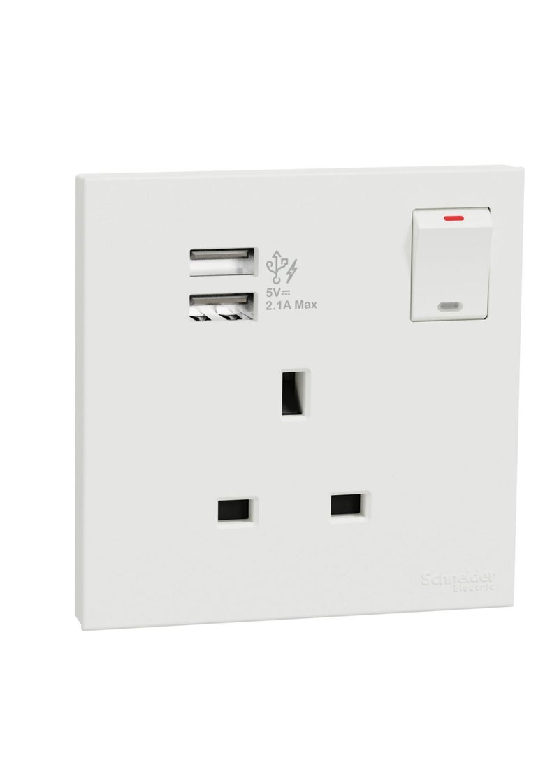 Schneider Electric Avataron C Switch Socket E8715USB_WE, 1 Gang, 13A White 2.1A Two Port USB