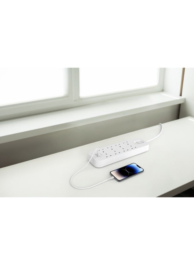8-Outlet Surge Protector w/ Dual USB-C Ports 30W | 2meters Cable Length, 900 Joules Protection, PD Fast Charge, Heavy Duty Chord, w/ Switch & LED Indicator - UK 3-Pin