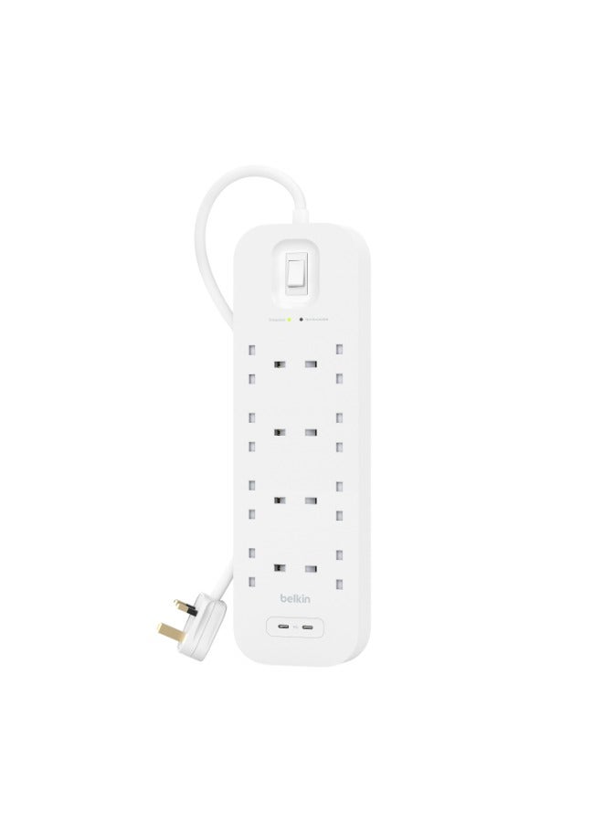 8-Outlet Surge Protector w/ Dual USB-C Ports 30W | 2meters Cable Length, 900 Joules Protection, PD Fast Charge, Heavy Duty Chord, w/ Switch & LED Indicator - UK 3-Pin
