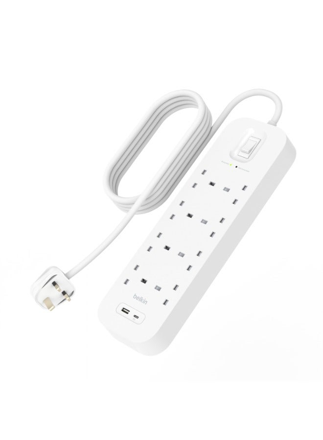 8-Outlet Surge Protector w/ Charging Ports 18W | 2meters Cable Length, 900 Joules Protection, PD Fast Charge 1x USB/C 1x USB-A, Heavy Duty Chord, w/ Switch & LED Indicator - UK 3-Pin