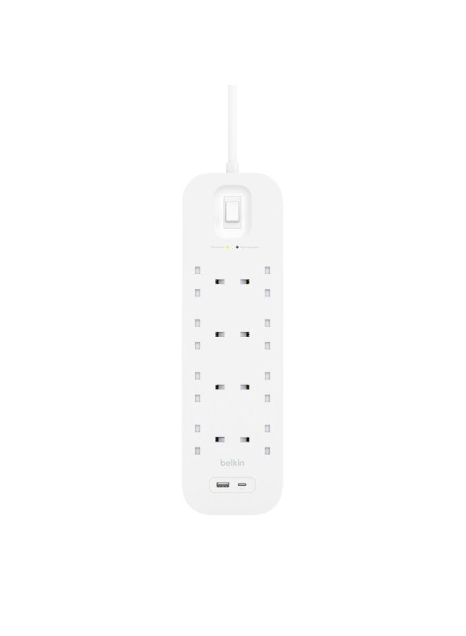 8-Outlet Surge Protector w/ Charging Ports 18W | 2meters Cable Length, 900 Joules Protection, PD Fast Charge 1x USB/C 1x USB-A, Heavy Duty Chord, w/ Switch & LED Indicator - UK 3-Pin