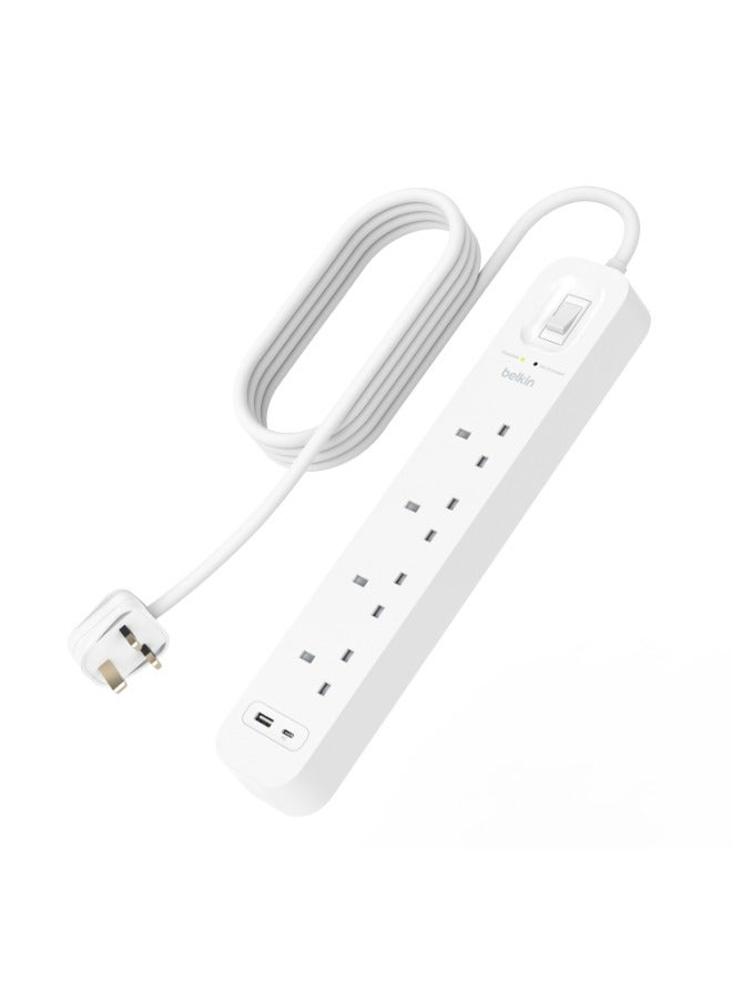 4-Outlet Surge Protector w/ Charging Ports 18W | 2meters Cable Length, 525 Joules Protection, PD Fast Charge 1x USB/C 1x USB-A, Heavy Duty Chord, w/ Switch & LED Indicator - UK 3-Pin