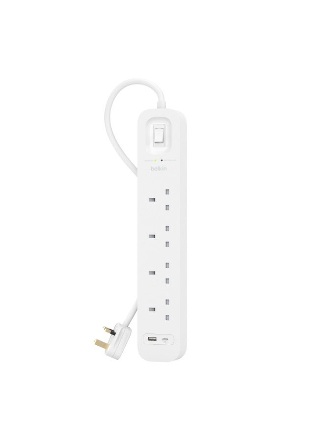 4-Outlet Surge Protector w/ Charging Ports 18W | 2meters Cable Length, 525 Joules Protection, PD Fast Charge 1x USB/C 1x USB-A, Heavy Duty Chord, w/ Switch & LED Indicator - UK 3-Pin