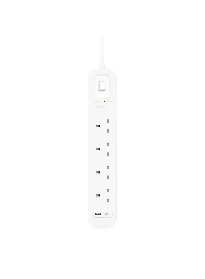4-Outlet Surge Protector w/ Charging Ports 18W | 2meters Cable Length, 525 Joules Protection, PD Fast Charge 1x USB/C 1x USB-A, Heavy Duty Chord, w/ Switch & LED Indicator - UK 3-Pin