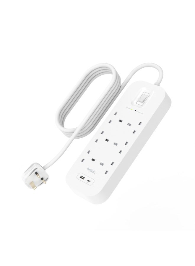 6-Outlet Surge Protector w/ Charging Ports 18W | 2meters Cable Length, 650 Joules Protection, PD Fast Charge 1x USB/C 1x USB-A, Heavy Duty Chord, w/ Switch & LED Indicator - UK 3-Pin