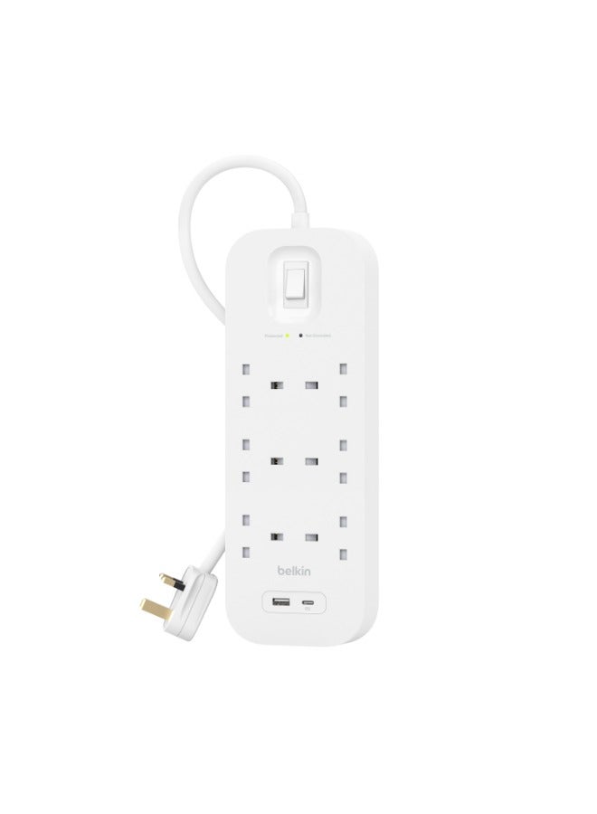6-Outlet Surge Protector w/ Charging Ports 18W | 2meters Cable Length, 650 Joules Protection, PD Fast Charge 1x USB/C 1x USB-A, Heavy Duty Chord, w/ Switch & LED Indicator - UK 3-Pin