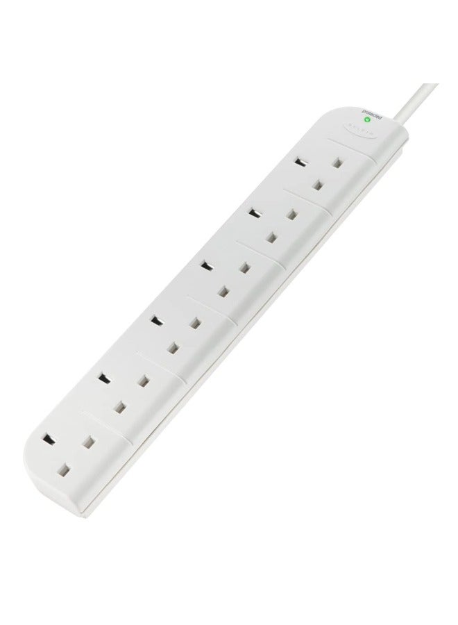 6-Way Extension Wire Power Strip, Surge Protector with 1 Meter Power Cord - White
